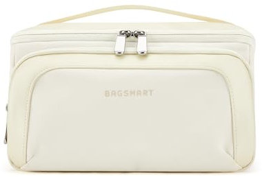 BAGSMART Neceser para hombre, bolsa de viaje de boca ancha para artículos de tocador, kit doble, bolsa higiénica de afeitar impermeable para ducha de baño, accesorios de aseo, beige