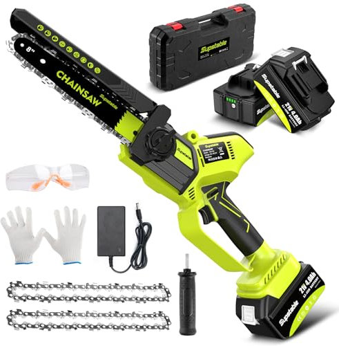 Supstable Mini Motosierra Batería, Sierra Electrica Podar Arboles 6 Pulgadas, 2 Baterías de 2Ah y Cargador, Motosierra Eléctrica de Una Mano para Árboles de Jardín, Poda de Ramas y Corte de Madera