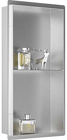 Bernkot Nicho de ducha de acero inoxidable, 30 x 60 cm, no necesita azulejos, estantes dobles, estante de ducha empotrado para almacenamiento de baño, jabón, champú, cepillado