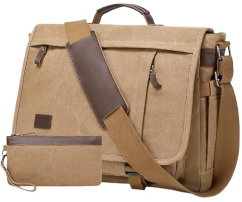 17.3 Inch Messenger Bag for Men: 2PCS Laptop Work PU Leather Canvas Briefcase Carry On Large Computer for Office College Travel (Brown)