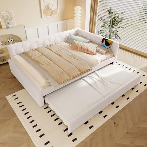 Idemon sofá cama, cama con somier (sin colchón), con lámpara de mesita de noche, con cama nido extensible multifuncional, puerto USB, puerto tipo C (Blanco, 140 * 200 cm)