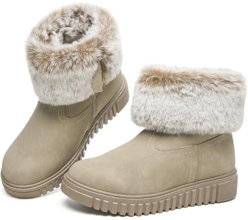 BENPAO Women's Winter Boots Fuzzy Snow Boots for Women Mini Short PU Leather Boots Warm Fur Lined Boots Waterproof Ankle Booties with Zipper(Beige.US9)