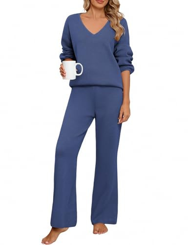 PASUDA Tuta Donna Completa Elegante 2 Pezzi Pigiama Invernale Autunno Maglioni Maniche Lunghe Scollo V Pantaloni a Gamba Larga Elastico in Vita Set Sportiva Abbigliamento Lounge Casa (Blu, L)