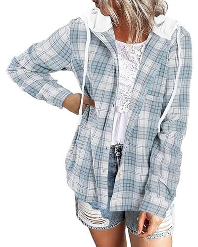 LACOZY Women's Lightweight Checked Flannel Shirts Mid-Long Button Down Long Sleeve Plaid Shirt Blue M