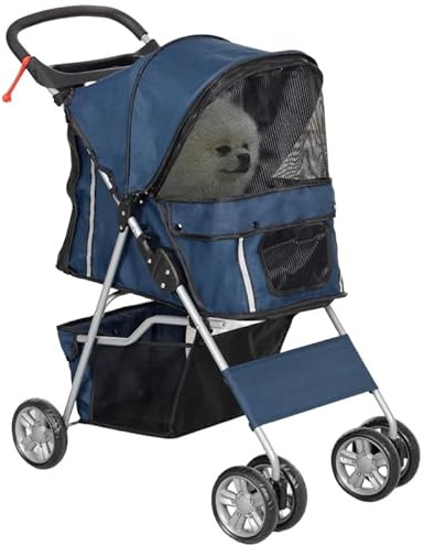 Passeggino per Cani/Gatti -PIEGHEVOPLE- Portata MAX:10 kg con Ruote Frenanti, Cestino, Portabicchieri, Rete Traspirante e Telaio in Acciaio – Per Cani Piccola Taglia, Blu