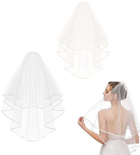 VONJUMA Lot de 2 voiles de mariée courts en tulle avec peigne - Voile souple - Voile de mariée - Voile de mariée - Halloween - Mariées - Douche - Enterrement de vie de jeune fille - Mariage - Blanc