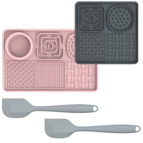 Tappetino da Leccare con Ventose – Accessorio Antistress per Cani e Gatti, Perfetto per Bagno e Addestramento (Rosa + Grigio, Rettangolo + Quadrato 1)