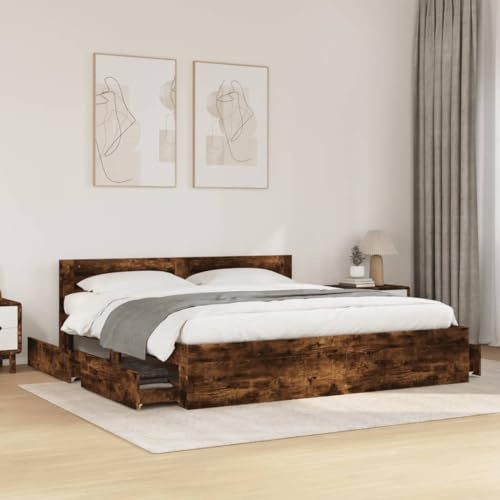 Refined Bettgestell Bett Bettrahmen mit Lattenrost Doppelbett Schlafzimmerbett mit Stauraum mit Kopfteil Räuchereiche 200x200 cm Holzwerkstoff