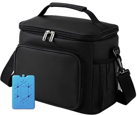 Lunch Bag Cooler Bag Waterproof & Leak Resistant with Ice Pack, Side & Front Pockets Portable Lunch Box for Work, Picnic, Camping, Travel, BBQ & Outdoor Use (10L Black)