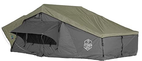 Overland Vehicle Systems HD Nomadic 2 erweitertes Softshell-Dachzelt, dunkelgraue Basis, grüne Regenfliege und schwarze 1000 g PVC-Reiseabdeckung, schwarzer Aluminiumboden