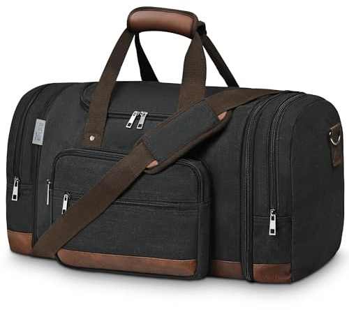 Wohlbege Duffle Bag for Travel,Overnight Weekend Gym Carry On Luggage Bag, 50L Canvas Travel Duffel Bag for Men Women, Expandable Spacious Travel Duffel Bag, Black