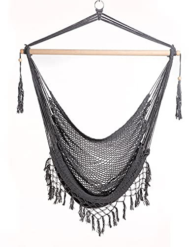 SVITA Hängesessel in Netz-Optik zum Aufhängen mit Stange und Fransen Baumwollseil Naturmaterial (Grau)
