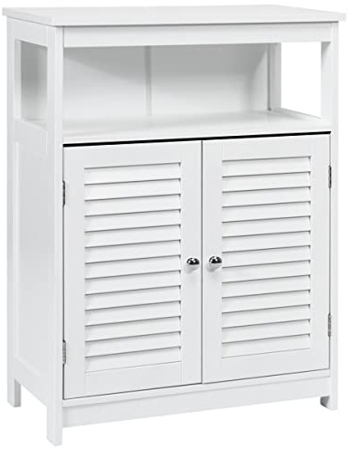 COSTWAY Bathroom Floor Cabinet, Wooden Freestanding Storage Cupboard with Double Shutter Door and Adjustable Shelf, Side Cabinet Organizer Unit for Living Room Bedroom (White, Middle Open Compartment)