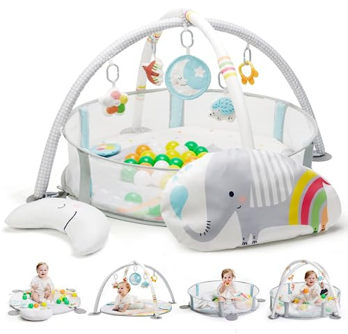 Lupantte 4 en 1 Tapis d'Éveil pour Bébé avec Parc,2 Tapis Remplacables,Piscine avec 40 Balles ＆ Jouets Sensoriels, Clôture Amovible Antidérapant,Développement Visuel, Auditif,Tactile et Cognitif