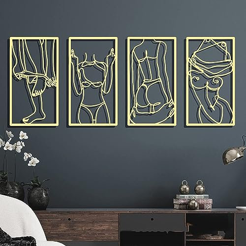 fengman123 4-teiliges Set Gold Wanddeko Metall Metall Frau Form Wanddekor Metallskulptur Wandkunst abstrakte Frauenkörperform Wanddekoration Metall moderne abstrakte Wandzeichnung Badezimmer
