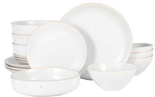 Gibson Home Dinah 16-Piece Matte White Stoneware Dinnerware Set – Double Bowl, Embossed Speckled Design, Durable Kitchen Dinnerware