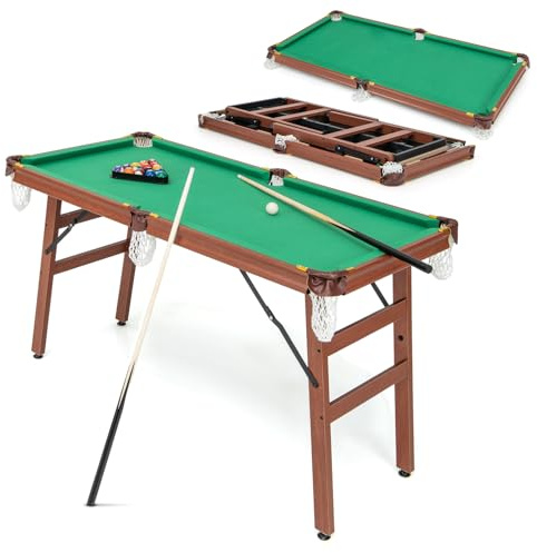 COSTWAY 4.5FT Billiards Table, Portable Game Pool Table with 16 Balls, 2 Cues, 2 Chalks, Triangle Rack and Brush, Folding Snooker Table Game Set for Home Party Gathering
