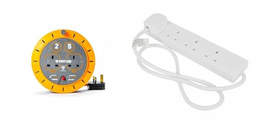 STATUS | 5Meters | 10 A Double Socket Cassette Reel with Thermal Out | Orange | S5M10ACR5 & Multi Plug Extension | 4 Socket Extension Cable | 1m Extension Lead | 4WS1M20