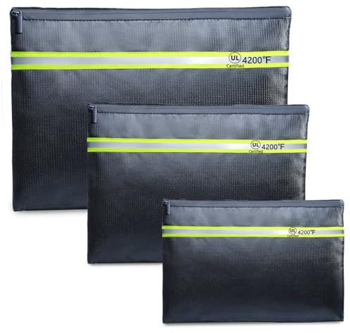 FRECOLSH Fireproof Document Bag – 3 Pack (15 x 11, 13 x 9.7, 10.5 x 8) Fireproof & Water- proof Document Organizer | Document Holder with Zipper Secure for Cash, Passports, Check& More