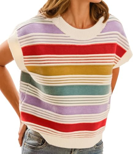 FireSwan Womens Cap Sleeve Sweater Vest Striped Color Block Loose Tank Tops Trendy Vacation Outfits Cute Summer Spring Top A-red