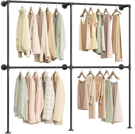 WOLTU Perchero de Pared Industrial, 4 Rieles para Colgar Ropa, Armario Abierto, Perchero Industrial de Tubos Metálicos, Barras Colgantes para Dormitorio y Vestidor, Negro, 193x36,5x187 cm
