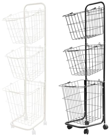 Cesto para la colada de 3 pisos con ruedas, cesta móvil para la colada, diseño de rejilla de metal, armario de 3 compartimentos, sistema de clasificación de ropa, salón, balcón, cocina (blanco)