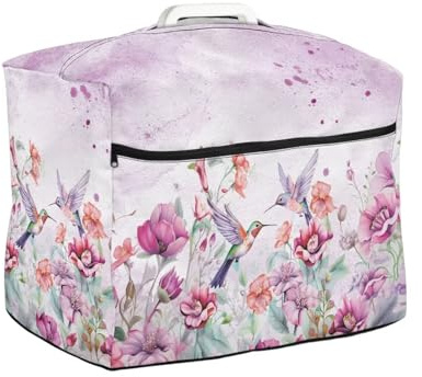 NETILGEN Cubierta acolchada para máquina de coser con apertura superior y bolsillo frontal con cremallera, funda protectora para máquina de coser doméstica, colibrí floral morado