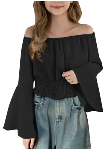 Haut Fille Épaules dénudées Manches évasées Taille élastiquée Crop Uni Décontracté pour Enfant Vêtement Fille pour Ado Haut Tendance