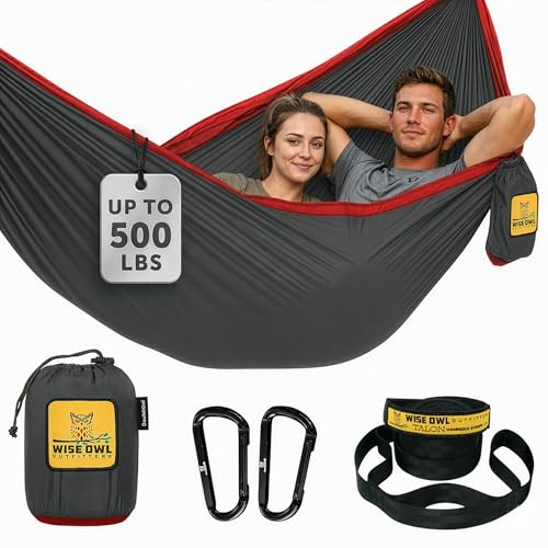Wise Owl Outfitters Hammock for Camping Double Hammocks Gear for The Outdoors Backpacking Survival or Travel - Portable Lightweight Parachute Nylon DO Charcoal & Red