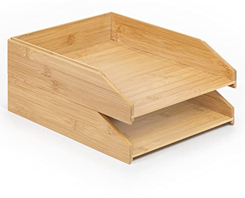 Woodluv Pack of 2 Stackable Letter Tray Desk Organiser, Document Tray, Document Storage A4 Filing Paper Organiser Desk Tidy