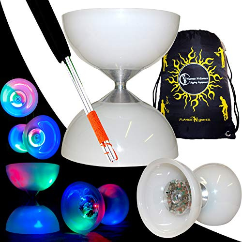 Juggle Dream Lunar Spin Led - FIXED Axle Diabolo + Silver Aluminium Handsticks + Travel Bag! Professional Led Diabolo (Silver Ali)