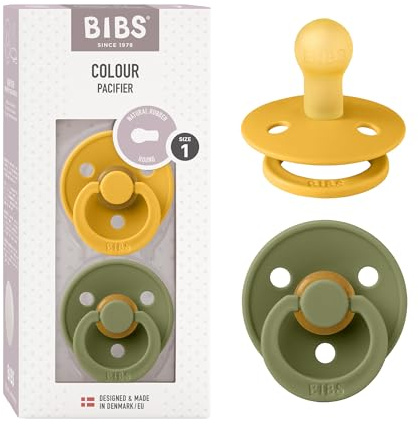 BIBS Colour Soother 2-Pack, BPA Free Dummy Pacifier, Round Nipple. Natural Rubber Latex, Size 1 (0-6 Months), Honey Bee/Olive
