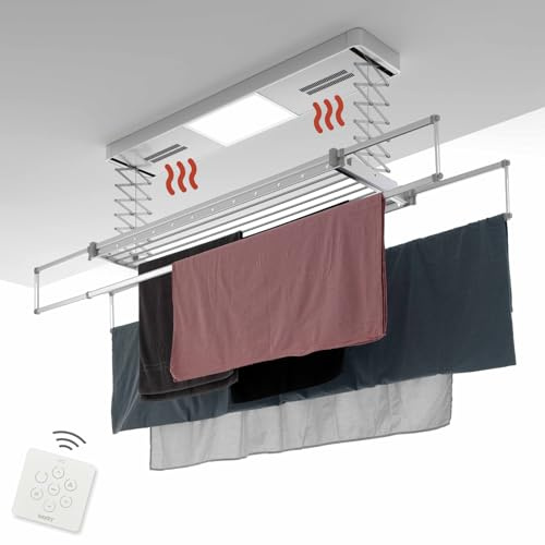 foxydry Pro, Stendibiancheria da soffitto riscaldante, stendino telecomandato con ventilazione calda in Alluminio e Acciaio per lenzuola 160x52x30 cm (150)