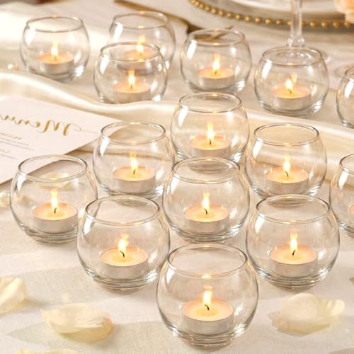 LAMORGIFT 12 Pcs Tealight Candle Holder- Round Clear Candle Centerpieces for Tables, Wedding Shower, Bridal Shower Table Decorations
