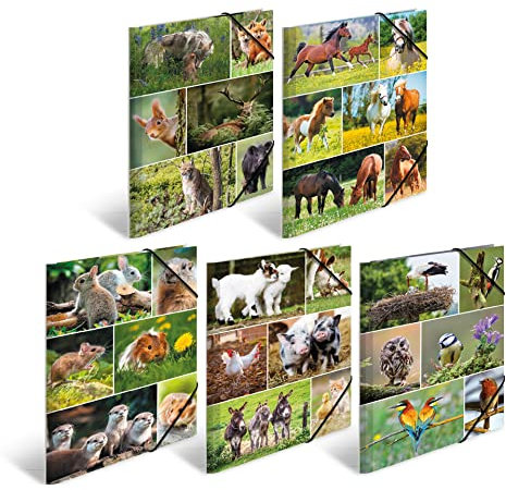 HERMA Sammelmappen A4 Tiermotive Set, 10 Stück, Kinder Eckspanner-Mappen aus Pappe mit Tiere Motiv, Gummizug, Innenklappen und Innendruck für Jungen und Mädchen
