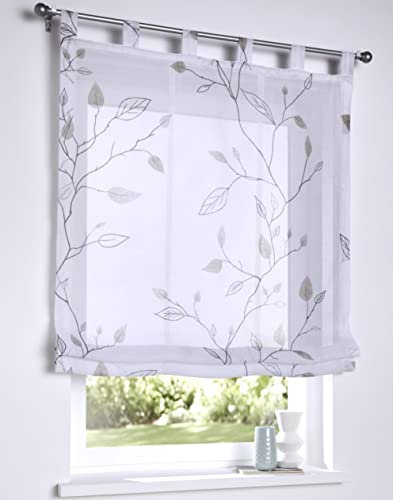 Raffrollo Schlaufenrollo Bonnie weiß, transparent, grau Bedruckt, Raffgardine für Gardinenstange, Breite 80 x Höhe 140 cm