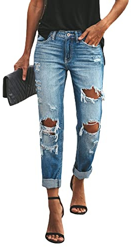 Mid Rise Boyfriend Jeans for Women, Ripped Distressed Raw Hem Straight Leg Ankle Denim Pants
