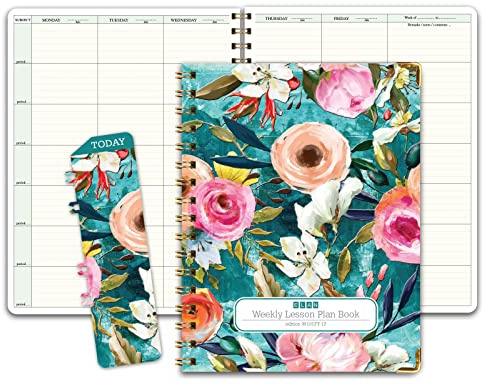 Elan Publishing Company HARDCOVER 7 Period Teacher Lesson Planner - Days Horizontally Across the Top with Bonus Clip-in Bookmark (Teal Floral)