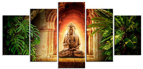 decomonkey - Tableau Acoustique Bouddha 200x100 5 Pièces - Impression sur Toile Décoration Maison Isolation Peinture Image Phonique Déco Bureau Architecture bouddha bouddhisme orienter zen