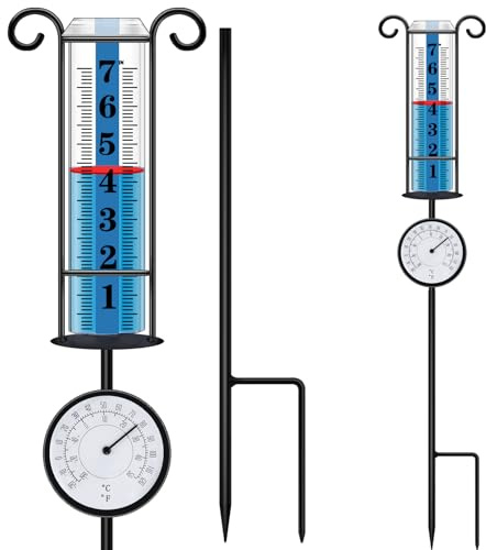 JMBay Pluviomètre d'extérieur avec thermomètre, jauge de Pluie d'extérieur la Mieux notée, jauge de Pluie pour Cour, Compteur d'eau de Pluie avec Tube en Plastique épais et Piquet en métal Duralbe