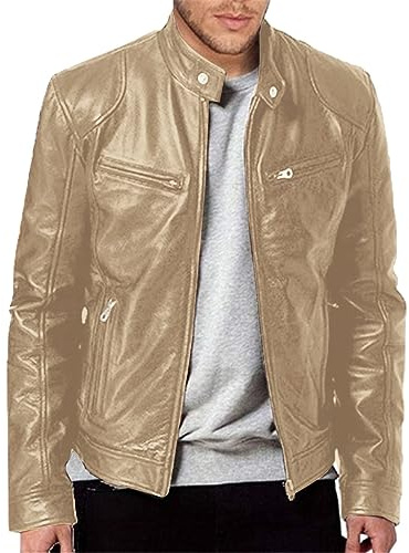 Chaquetas de cuero para hombre chaquetas vintage de cuero sintético liso chaqueta de motocicleta chaqueta bomber con cremallera cortavientos para otoño invierno, dorado, M