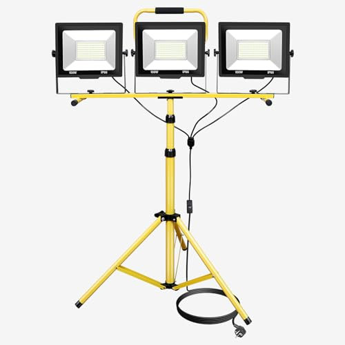 AUXTINGS 3 Stück 100W LED Baustrahler mit Stativ, 24000 Lumen LED Strahler Baustellenleuchte mit 2m HöHenverstellbar und 5m Kabel, 6000K IP66 Arbeitsstrahler für Konstruktion Werkstatt,Garage,Keller
