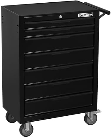 TOOL DORM Werkstattwagen 7 Schubladen, Werkzeugwagen Zentral Abschließbar Inkl, Rollwagen mit Schubladen, 2 Rollen mit Feststellbremse, 61.5 x 33 x 86.4 cm, Schwarz