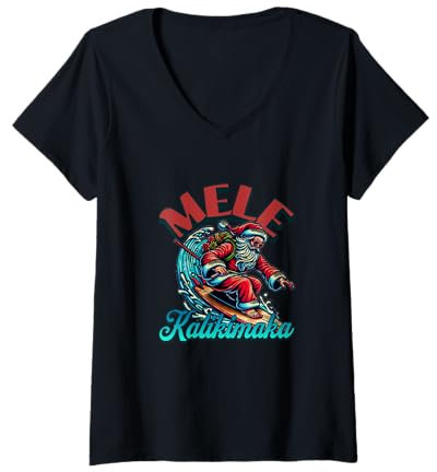 Damen Mele Kalikimaka Weihnachtsmann Weihnachtsspaß Beim T-Shirt mit V-Ausschnitt
