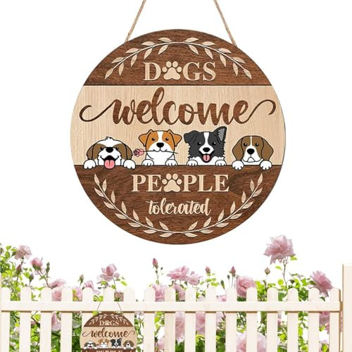 Cartel con texto en inglés Perros bienvenidos, personas toleradas, cartel de bienvenida para perros y mascotas en la puerta principal, decoración para puerta de granja con lindo perro de dibujos