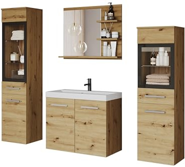 MINIO go for it - Ensemble de Meubles de Salle de Bain Marit 1, sans LED | Armoire avec lavabo, panneau de particules stratifié, couleur : chêne artisan