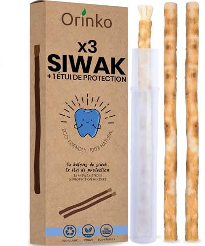 ORINKO® Siwak Naturale x3 con Custodia x1 - Spazzolino Ecologico per Denti - Miswak Africano per Pulizia, Sbiancamento e Igiene Orale - Bastoncini di Araak come Alternativa Sostenibile