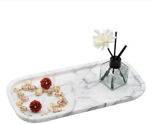 Marmor 100% Natural Marble Bathroom Tray for Perfume, Candles, Jewelry Stone Vanity, Bathroom & Kitchen Counter Organizer and Home Decor (Statuario White Marble Tray)