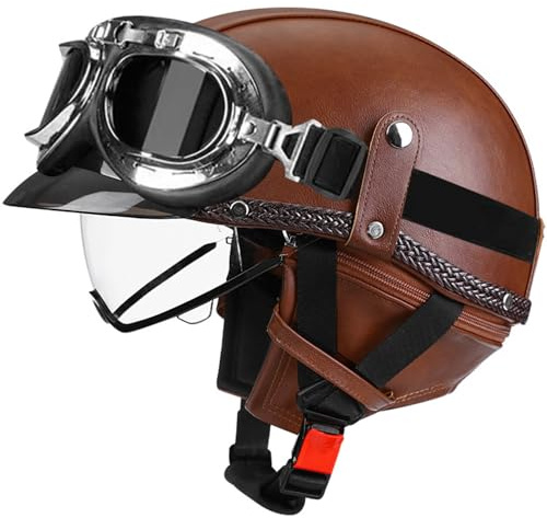 VVPEC Motorcykelhalvhjälm, motorcykel tysk läderhalvhjälm, ECEDOT-godkänd halvskalshjälm med keps och skyddsglasögon, retro öppen hjälm med justerbart snabbspänne(12,M=57~58cm)