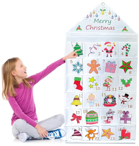 Calendario de Adviento 2025 para rellenar. Tejido: calendario de Navidad MSLHUB para colgar con 24 bolsas de tela, reutilizable para Navidad, calendario de pared, tela para niños rellenable (50 x 100